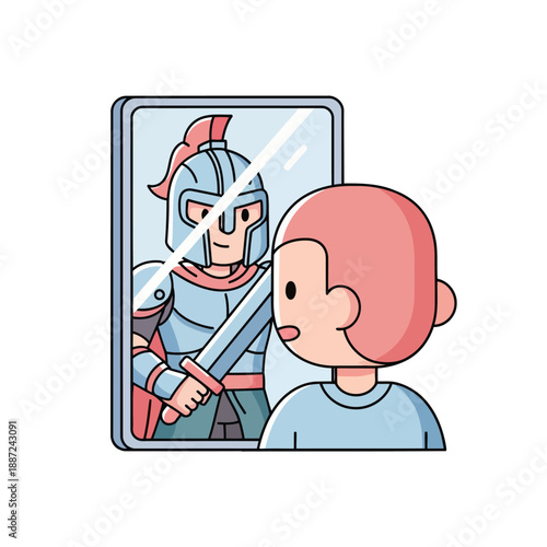 Boy sees his inner strength reflected as a brave knight in the mirror.