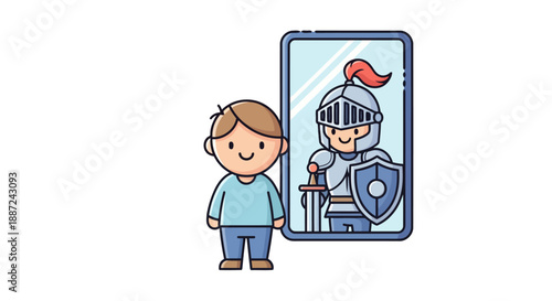Cute cartoon boy sees his reflection as a brave knight in a smartphone.