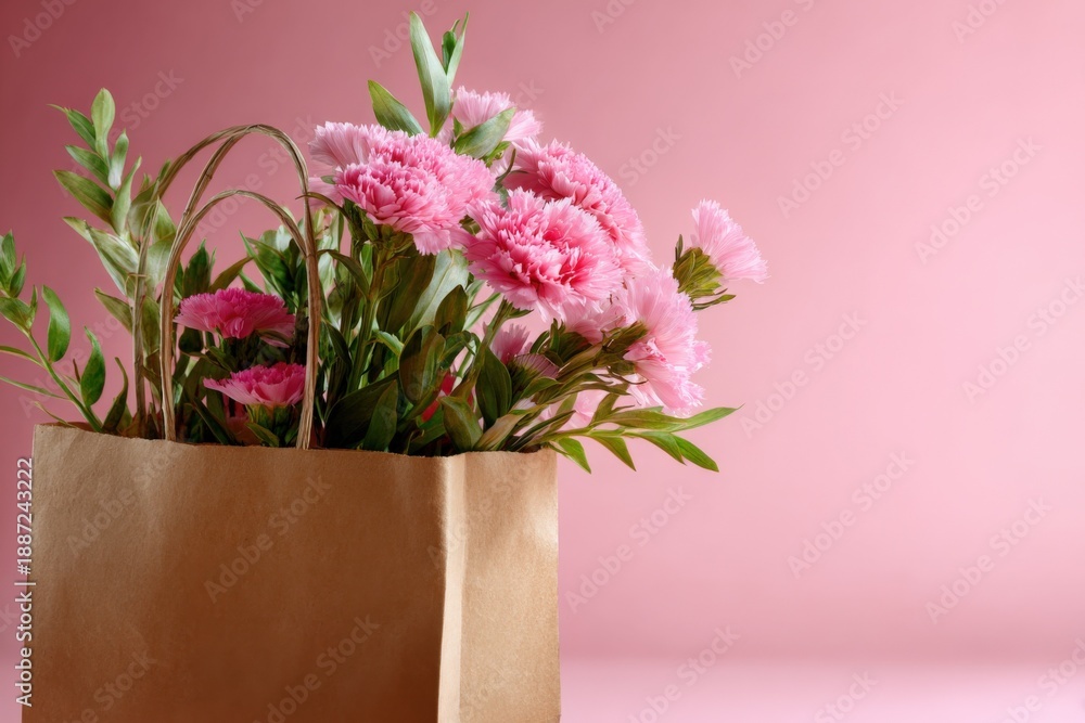 Fototapeta premium Pink carnations in brown paper bag with green leaves on pink background