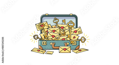 Open Suitcase Overflowing with Love Letters and Ornate Keys.