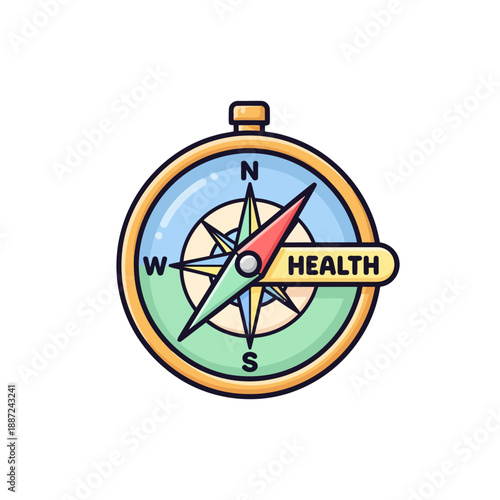 Colorful cartoon compass pointing towards the direction of health.