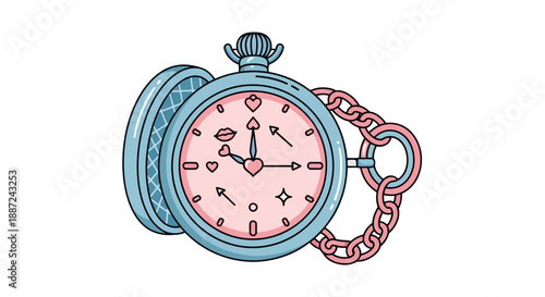 Vintage blue pocket watch with a romantic pink face and chain illustration.