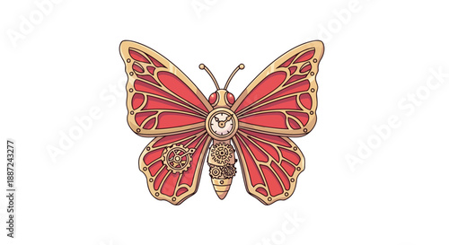 Intricate red and gold steampunk mechanical butterfly isolated on a white background.