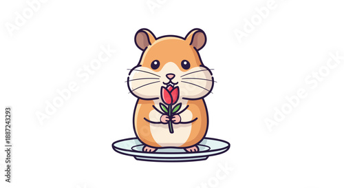 Cute cartoon hamster holding a single red flower on a plate.