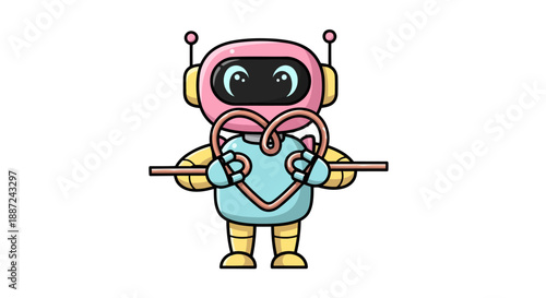 Cute cartoon robot character holding a pink heart symbol.