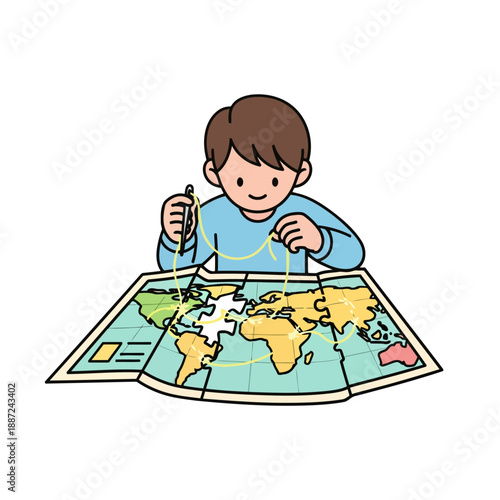 Cute cartoon boy assembling a world map jigsaw puzzle.