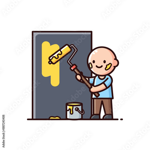 Cute cartoon character happily painting a wall with a yellow paint roller.