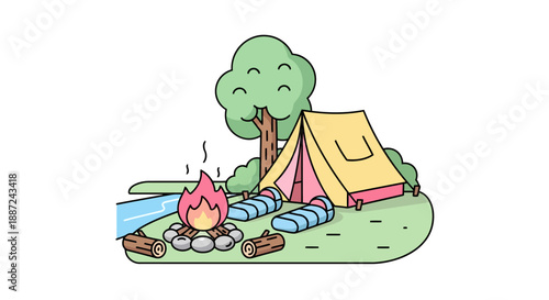 Cozy cartoon campsite illustration with a yellow tent and warm campfire.
