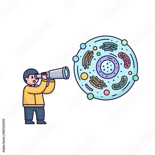 Young student using a telescope to examine a biological animal cell diagram.