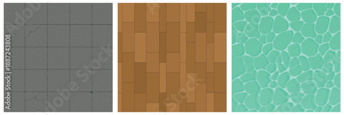 A premium collection of vector tiles, featuring various environmental surfaces including  concrete slabs, water, rustic wooden flooring