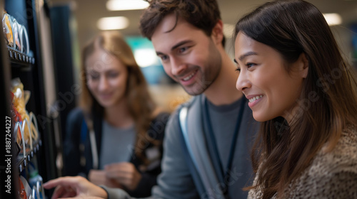 Friends debating snack choices by vending machine on campus, student refreshment decision, college campus scene, peer discussion moment, casual group gathering, faceless students