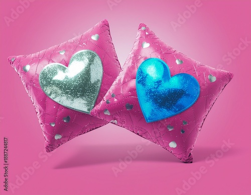 Pink Pillows with  Heart Designs on Pink Background – 3D Rendering