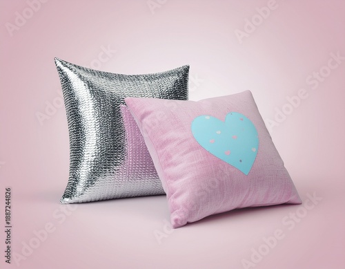 Pink Pillows with  Heart Designs on Pink Background – 3D Rendering