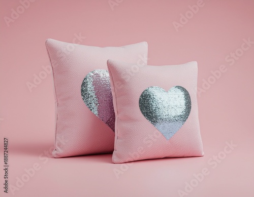 Pink Pillows with  Heart Designs on Pink Background – 3D Rendering