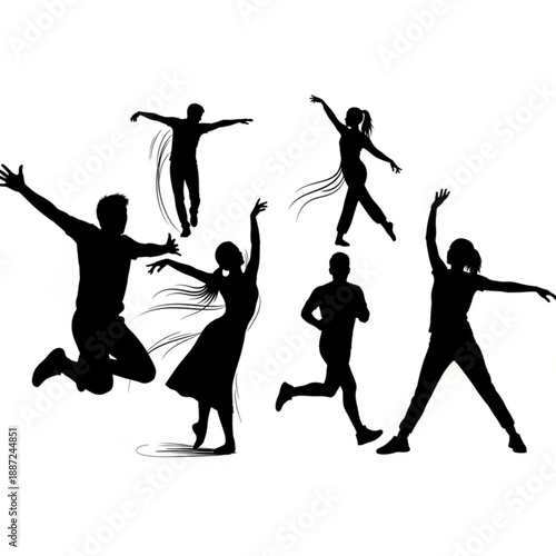 Silhouette of six people jumping and running in different poses