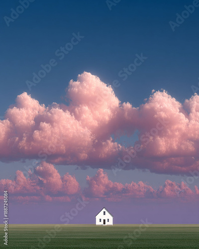 Minimal White House in Vast Green Field with Pink Clouds, Cinematic Sky