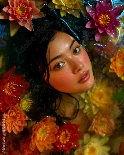 Aerial View of Woman Floating in Water with Water Lilies