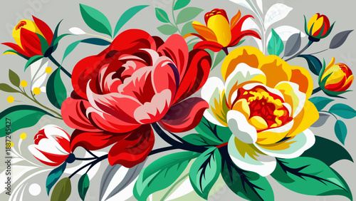 Very beautiful painting of red, yellow, and green flowers set against a white and gray background, combining botanical elegance with modern artistic balance and gentle visual contrast.