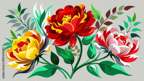 Very beautiful painting of red, yellow, and green flowers set against a white and gray background, combining botanical elegance with modern artistic balance and gentle visual contrast.