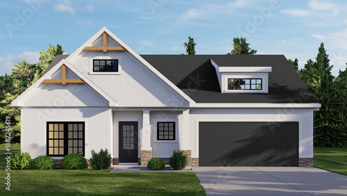 Fotografie Modern White Farmhouse House Exterior Architectural 3D Render with Black Roof an