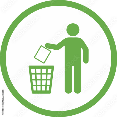 Green silhouette of a person throwing paper into a recycling bin inside a green circle also transparent background