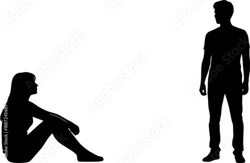 Minimalist black silhouettes of a man standing and a woman sitting on the floor, design for relationship blog graphics and social interaction presentations. Transparent EPS version.