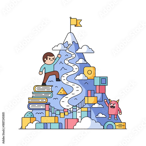 Young Boy Climbs a Metaphorical Mountain of Books Towards a Goal Flag.