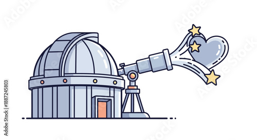 Cartoon Astronomical Observatory Telescope Projecting a Heart and Stars.