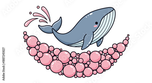 Cute cartoon blue whale jumping over a sea of pink bubbles.