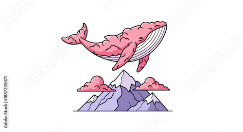 Surreal illustration of a majestic pink whale floating in the air.