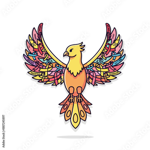 Stylized mythical phoenix bird with colorful intricate wing patterns.