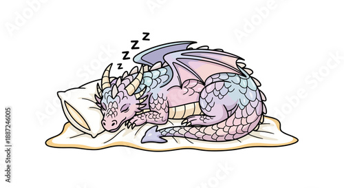 Cute cartoon baby dragon sleeping peacefully on a soft pillow.