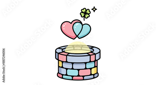 Colorful wishing well with floating hearts and a lucky four-leaf clover.