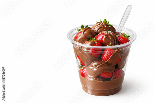 Strawberries covered with milk chocolate in a transparent plastic cup on white background. Sweet dessert, confectionery treat, minimalism, isolated object, copy space.