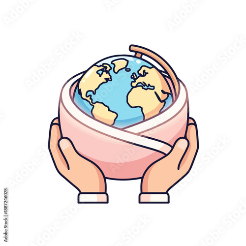 Caring hands holding planet Earth in a baby bassinet illustration.