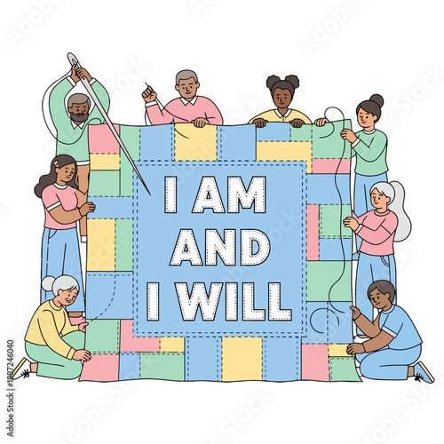 Diverse Community Collaborating on a Quilt with I Am and I Will Message.