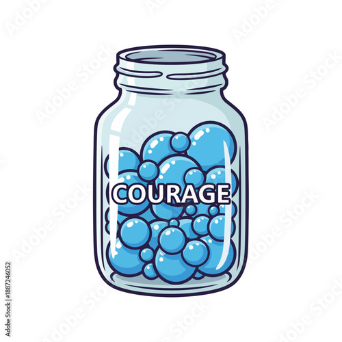 Conceptual cartoon illustration of a glass jar filled with courage bubbles.