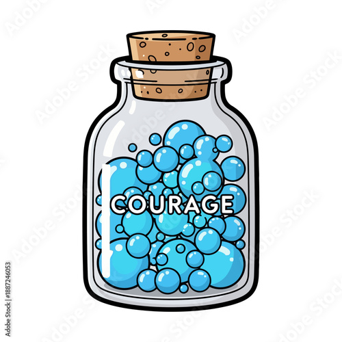 A whimsical bottle of courage with blue effervescent bubbles.