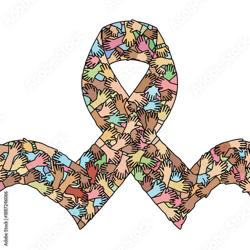 Awareness ribbon made of diverse colorful hands symbolizing unity.