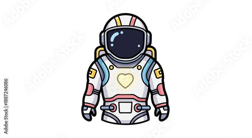 Cute cartoon astronaut in a colorful spacesuit with a heart emblem.