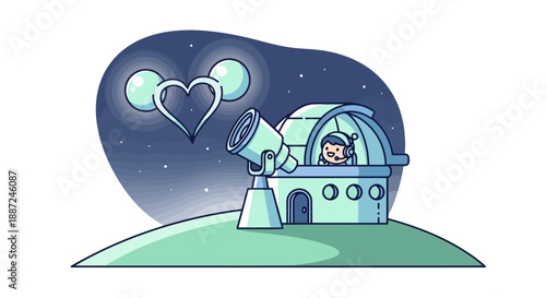 Cute cartoon character in an observatory looking through a telescope.