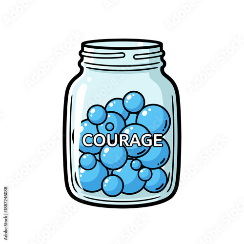 Conceptual cartoon illustration of a glass jar filled with blue bubbles of courage.