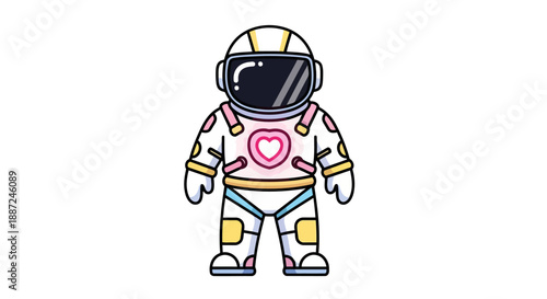 Cute cartoon astronaut character in a colorful spacesuit with a heart emblem.