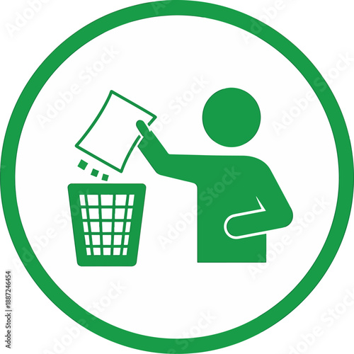 Green recycling symbol with a person throwing paper into a trash bin also transparent background circle