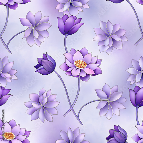 A seamless pattern with pichwai style lotus arranged in a tile-style repeat on a turquoise background. It can be used for printing on various surfaces like textiles and paper or digital work as well.	