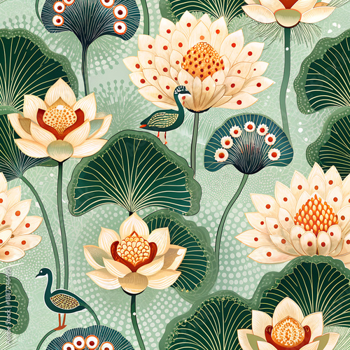 A seamless pattern with pichwai style lotus arranged in a tile-style repeat on a turquoise background. It can be used for printing on various surfaces like textiles and paper or digital work as well.	