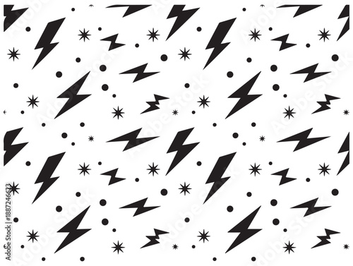 A repeating pattern of black lightning bolts and stars creates a striking visual. The design is simple, bold, and energetic, conveying a sense of dynamism.