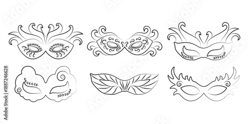 Set of six ornate Venetian style carnival masks in black and white line art, decorative masquerade elements for coloring pages, party invitations