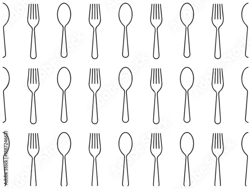 An artistic, repeating pattern of silverware is displayed on a bright surface. A minimalist design featuring forks and spoons.