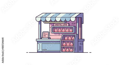 Cute cartoon market stall selling digital love potions illustration.